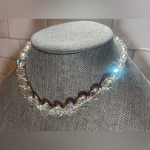 Coro Signed Vintage Clear AB Aurora Borealis Faceted Crystal Choker Necklace